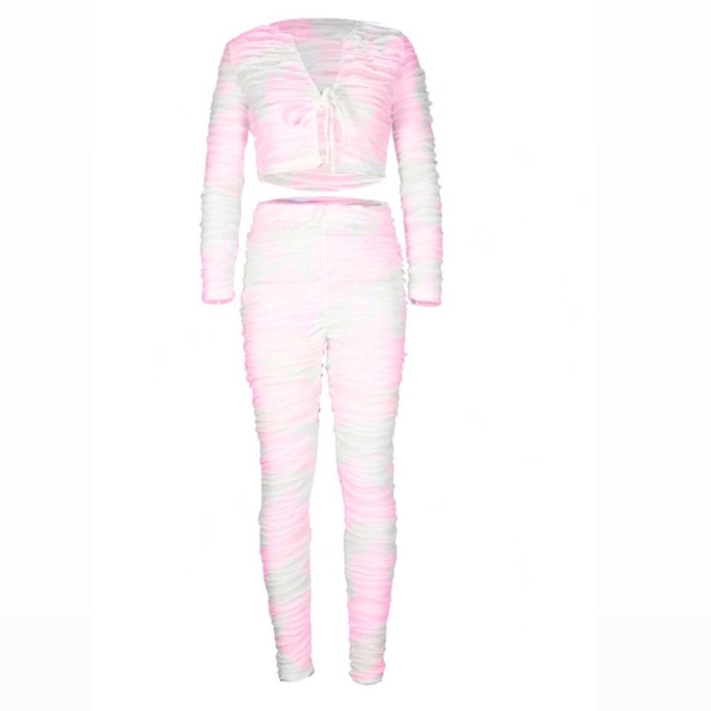 Pink and White Tye Dye Ruched Pants Suit 💜